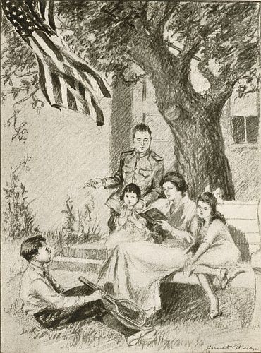 Family listening to mother read under flying flag