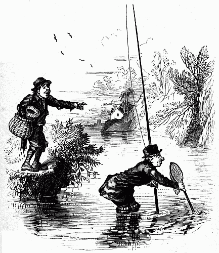 "Probing the bottom in front of you with the handle of your landing-net."
