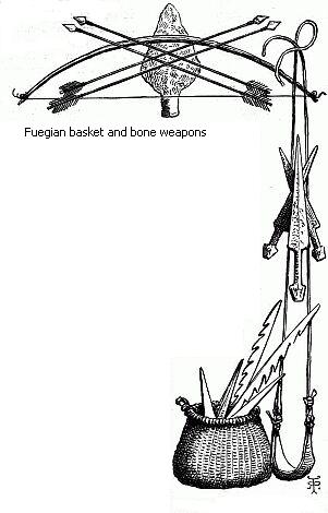 Fuegian basket and bone weapons
