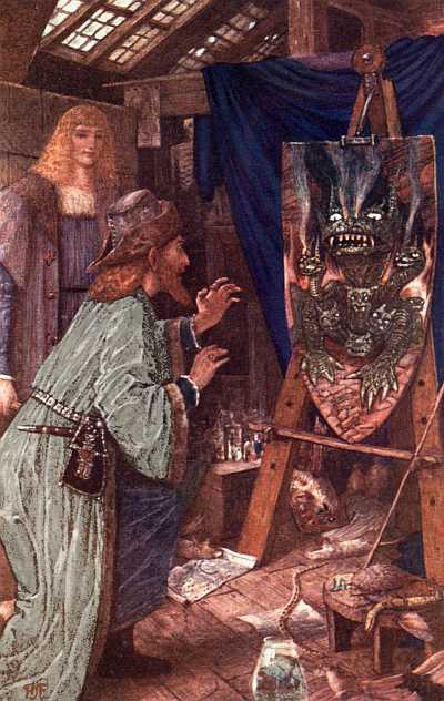Leonardo frightens his Father with the Monster painted
on his Shield.