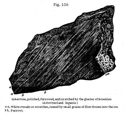 Fig. 106: Limestone, polished, furrowed, and scratched by the glacier of
Rosenlau in Switzerland.