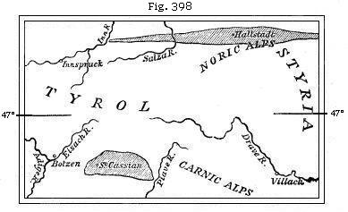 Fig. 398: Map of Tyrol and Styria showing St. Cassian and Hallstadt Beds.