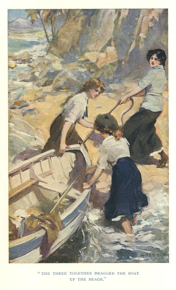"THE THREE TOGETHER DRAGGED THE BOAT UP THE BEACH."