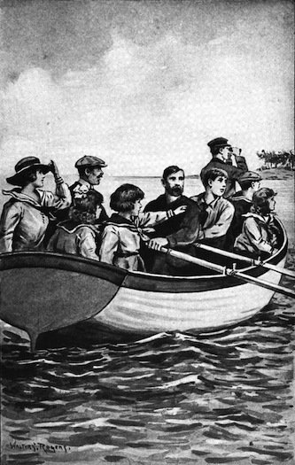 THE BOBBSEYS AND OTHERS WERE ROWED TO THE SHORE.
