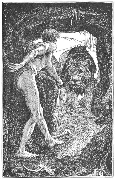 Androcles cowers in fear as the lion enters the cave
