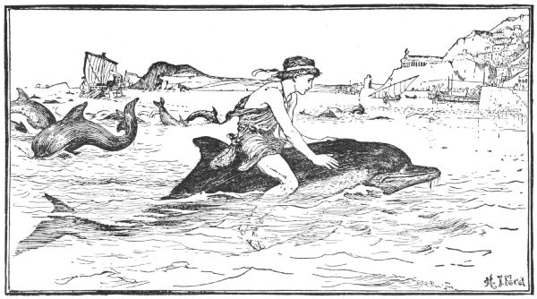 The dolphin carries the boy across the water