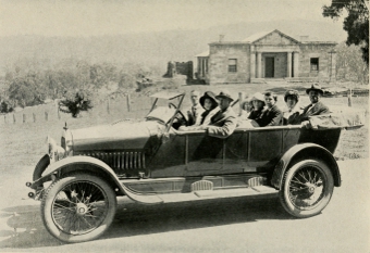 

OUR PARTY EN ROUTE TO THE JENOLAN CAVES, JANUARY 20TH, 1921, IN FRONT OF OLD COURT
HOUSE IN WHICH BUSHRANGERS WERE TRIED.