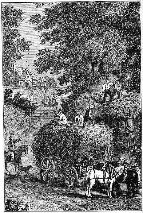 Hay-makers piling hay on wagons