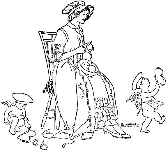 A woman sitting in chare peeling apples with two cherubs in chef's hats playing with the peels on the floor