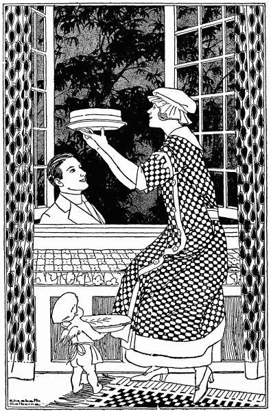 Woman with pie in window, man outside looking in