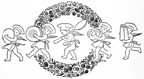 cherubs in chef's hats holding cooking things marching past a wreath