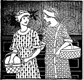 Two women with shopping baskets over their arms
