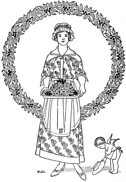 Woman holding platter with turkey in front of wreath, cherub at feet