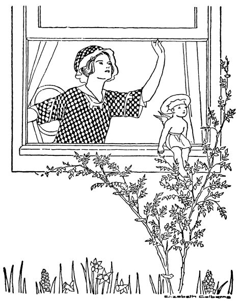 Woman looking out open window, cherub on sill