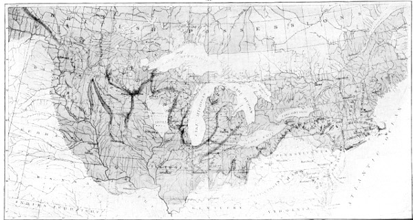 Fig. 27. Map showing the extent of the ice sheet in the United States. Position of some of the moraines indicated by the heavily shaded lines. (After Chamberlain.)