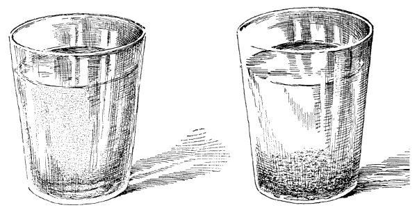 Fig. 35. The glass of water at the right has received lime and the clay has been flocculated; the other was not treated.