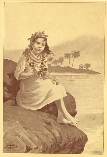 Girl wearing lei and head wreath sitting on rocks on beach