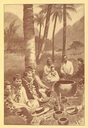 people sitting on ground under palm trees by a big pot