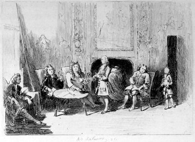 Coffee-House Scene of Cibber's Day,
drawn from the life
by G. Vander Gucht.