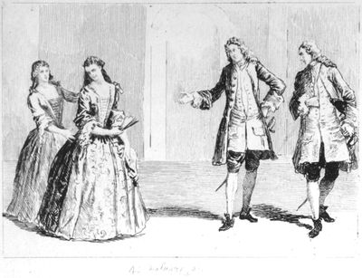 Scene illustrating Vanbrugh and Cibber's Provoked Husband. After the contemporary design by J. Vanderbank.