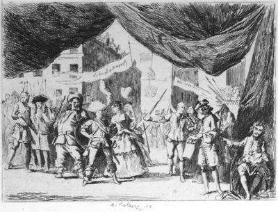 The Stage Mutiny with portraits of Theophilus Cibber
as Antient Pistol, Mrs. Wilks, and others, in character;
Colley Cibber as Poet Laureate, with his lap filled with bags
of money. From a pictorial satire of the time.