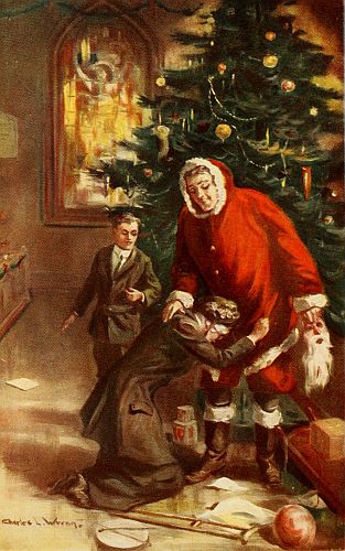 woman with dropped crutch holding on to man in Santa suit with boy i n background beside Christmas tree