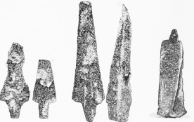 No. 252.   No. 253.   No. 254.   No. 255.   No. 256.

Trojan Lance-Heads of Copper.—TR.

No. 256. Copper Lance and Battle-Axe welded together by the
Conflagration. The Pin-hole of the Lance is visible.—TR.