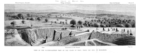 THE CHAIN OF MOUNT IDA.
Mount Gargarus (Kasdak).
Village of Chiplak.
Snow-clad Summit.
Excavations in the Temple.
Altar.

VIEW OF THE SOUTH-EASTERN PART OF THE PLAIN OF TROY, FROM THE HILL OF
HISSARLIK.