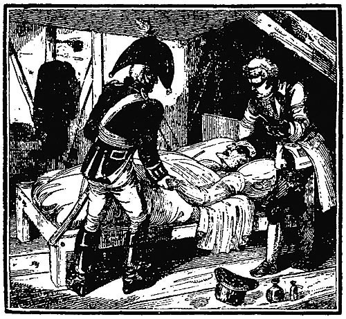 A soldier standing over a person lying in a bed