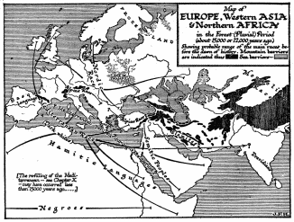 Map of EUROPE, Western ASIA & Northern AFRICA in the
Forest (Pluvial) Period (about 15,000 or 12,000 years ago)

Showing probable range of the main races before the dawn of history.
Mountain barriers are indicated thus {symbol} Sea barriers {symbol}