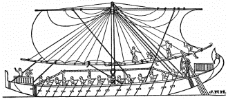 Egyptian ship on the Red Sea, about 1250 B.C. (From
Torr’s “Ancient Ships.”)

Mr. Langton Cole calls attention to the rope truss in this illustration,
stiffening the beam of the ship. No other such use of the truss is known
until the days of modern engineering.