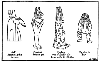 Set
Egyptian god of
darkness.

Anubis
darkness god.

Typhon
wife of Anubis, also
known as the Terrible One

The cheerful
Bes

J.F.H.