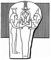 Ramses III as Osiris—between the goddesses Nephthys and
Isis....

Relief on the cover of the sarcophagus (at Cambridge). After Sharpe.

Inscription (round the edges of cover), as far as decipherable.

“Osiris, King of Upper and Lower Egypt, lord of the two countries
... son of the Sun, beloved of the gods, lord of diadems, Rameses,
prince of Heliopolis, triumphant! Thou art in the condition of a
god, thou shalt arise as Usr, there is no enemy to thee, I give to
thee triumph among them....” Budge, Catalogue, Egyptian
Collection, Fitzwilliam Museum, Cambridge.
