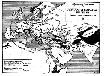 Map showing Distribution of

ARYAN-SPEAKING PEOPLES between about 1,000 & 500 B.C.