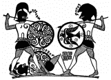 Combat between Menelaus & Hector (in the Iliad)

From a platter ascribed to the end of the seventh century in the British
Museum. This is probably the earliest known vase bearing a Greek
inscription. Greek writing was just beginning. Note the Swastika.