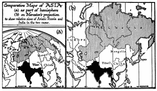 Comparative Maps of ASIA (a) as part of hemisphere (b) on
Mercator’s projection to show relative sizes of Asiatic Russia and India
in the two cases.