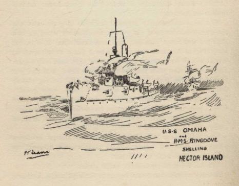 U.S.S. Omaha and H.M.S. Ringdove shelling Hector Island.