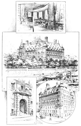 NEW SCOTLAND YARD.

1. Commissioner’s Room.
2. View from the River (Photo: York & Son, Notting Hill, W.).
3. Principal Entrance.
4. The Western Façade.
