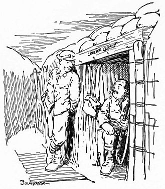 Soldier at door of bunker talking to man inside door