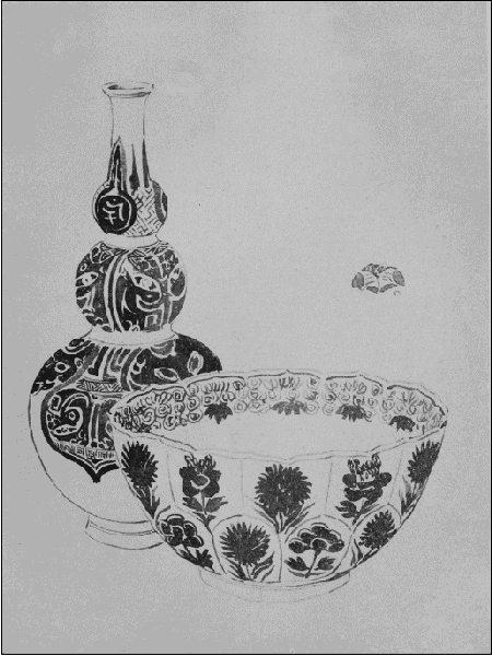 DRAWING IN WASH FOR A CATALOGUE OF BLUE AND WHITE
NANKIN PORCELAIN