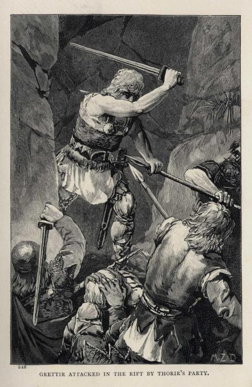 GRETTIR ATTACKED IN THE RIFT BY THORIR'S PARTY.