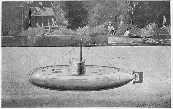 greyscale drawing of model sub in water