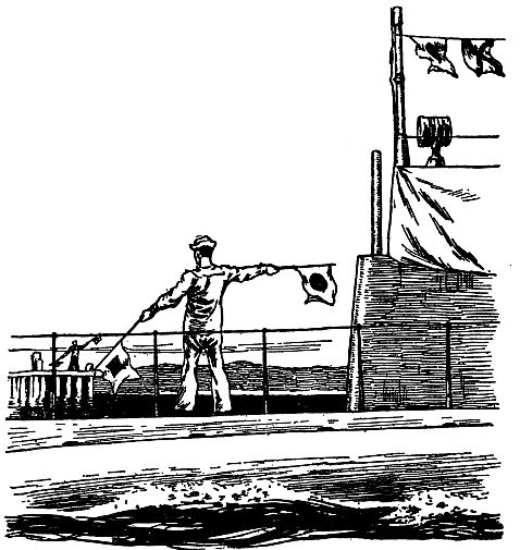 drawing of man on deck using semaphore