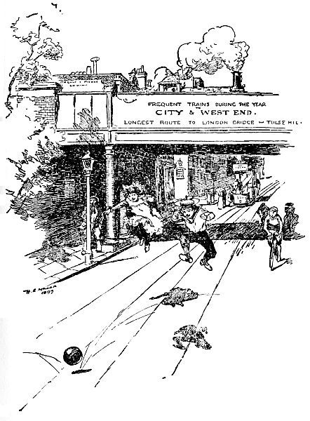Bouncing after the ball under a train bridge with the sign: Frequent trains during the year, city and west end Loungest route to London bridge