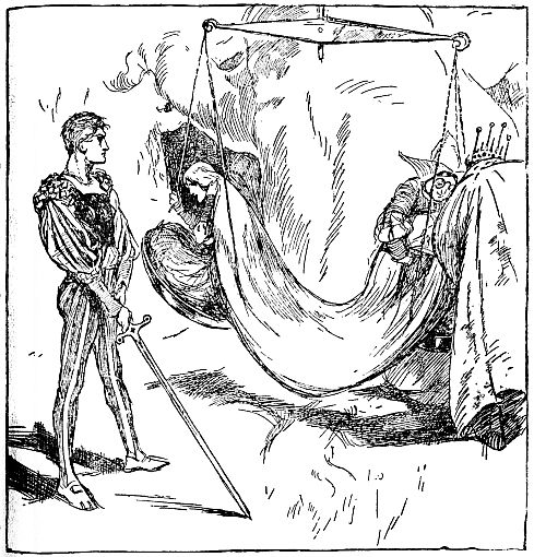Princess being weighed; Prince standing by with sword drawn