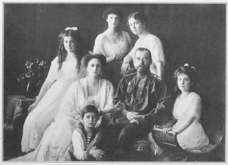 Image unavailable: THE ROYAL FAMILY

Seated, from left to right: The Grand-Duchess Marie; the Czarina,
with the little Grand-Duke Alexis at her knee; the Czar; the
Grand-Duchess Anastasia, the youngest of the four girls. Standing,
from left to right: The Grand-Duchess Tatiana, and the
Grand-Duchess Olga immediately behind her father.
