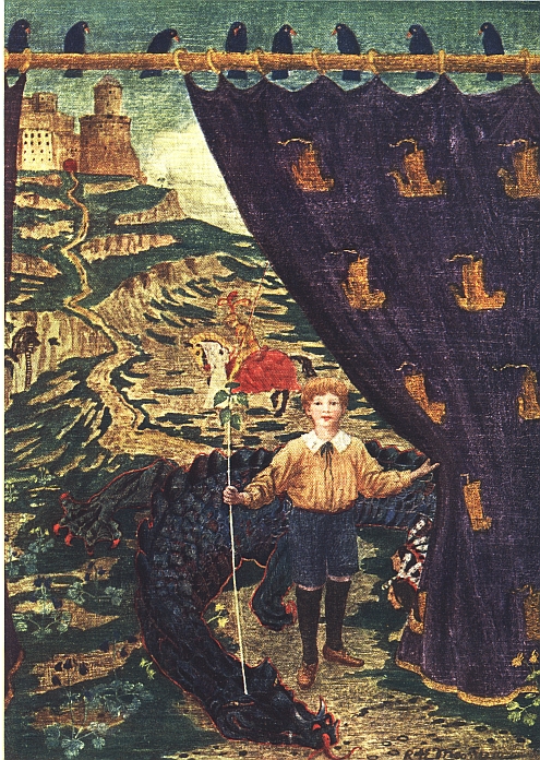 boy on path pulling curtain aside; dragon at his feet and castle and knight in distance