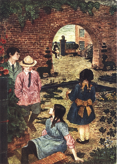 children outside brick wall with arched doorway