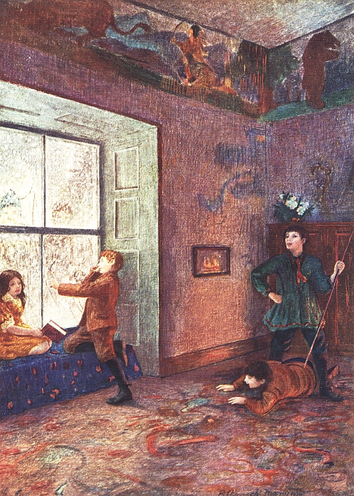 two children in window seat, two children on carpet,  ceiling trim is border of hunters and animals