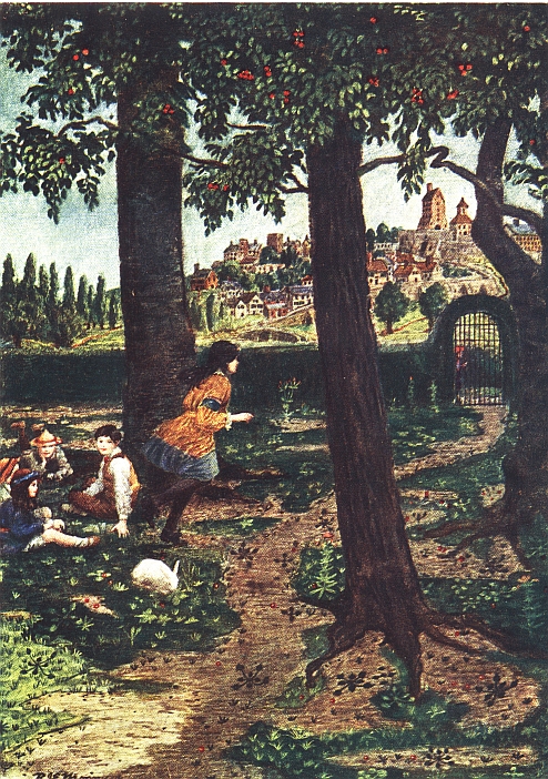 girl running toward gate in fence; three other children and bunny sitting on ground